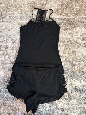 Gilligan & O'Malley Black Lace-Back Sleep Tank with Matching Black Lounge Shorts